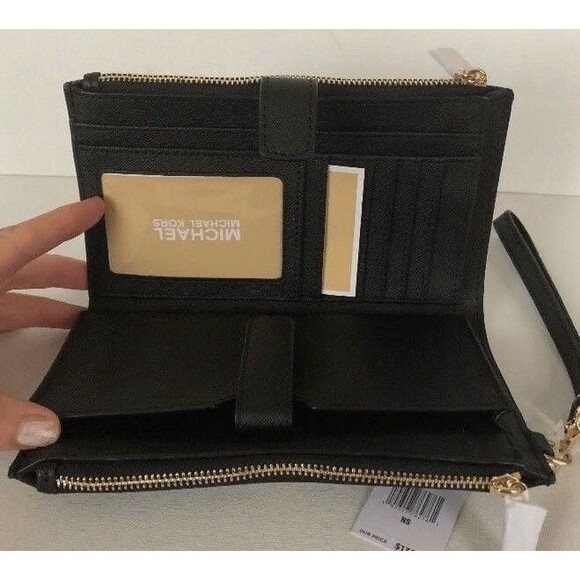 New Michael Kors Jet Set Travel Double zip wristlet Leather wallet Black / Gold - Picture 5 of 7